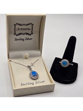 Vintage 925 Sterling Silver Necklace Size 7 Ring Set Blue Opal CZ Artemisia